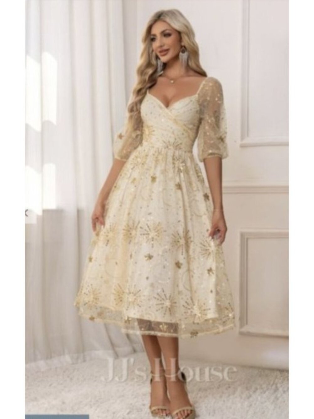 JJs House womens Gold Sequin Tulle Midi Dress  Puff Sleeves Size XL formal New